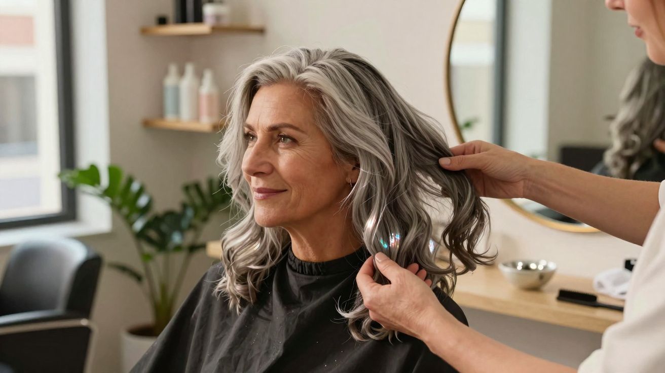Woman with grey hair getting a haircut in a salon with a stylist adjusting her curls.