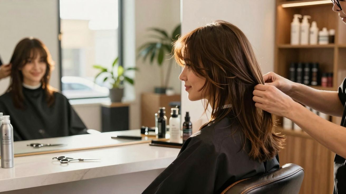Woman getting her hair styled by a hairdresser in a modern salon with products on the counter and shelves.