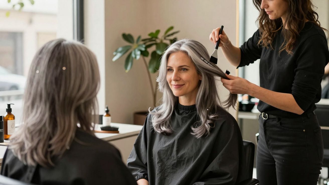 Woman with grey hair smiling while getting hair coloured by stylist in salon with plant in background