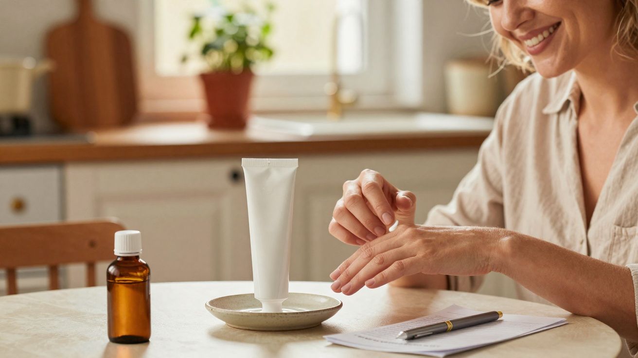 Smiling woman applying cream on her hand at a kitchen table with a bottle and notepad nearby.