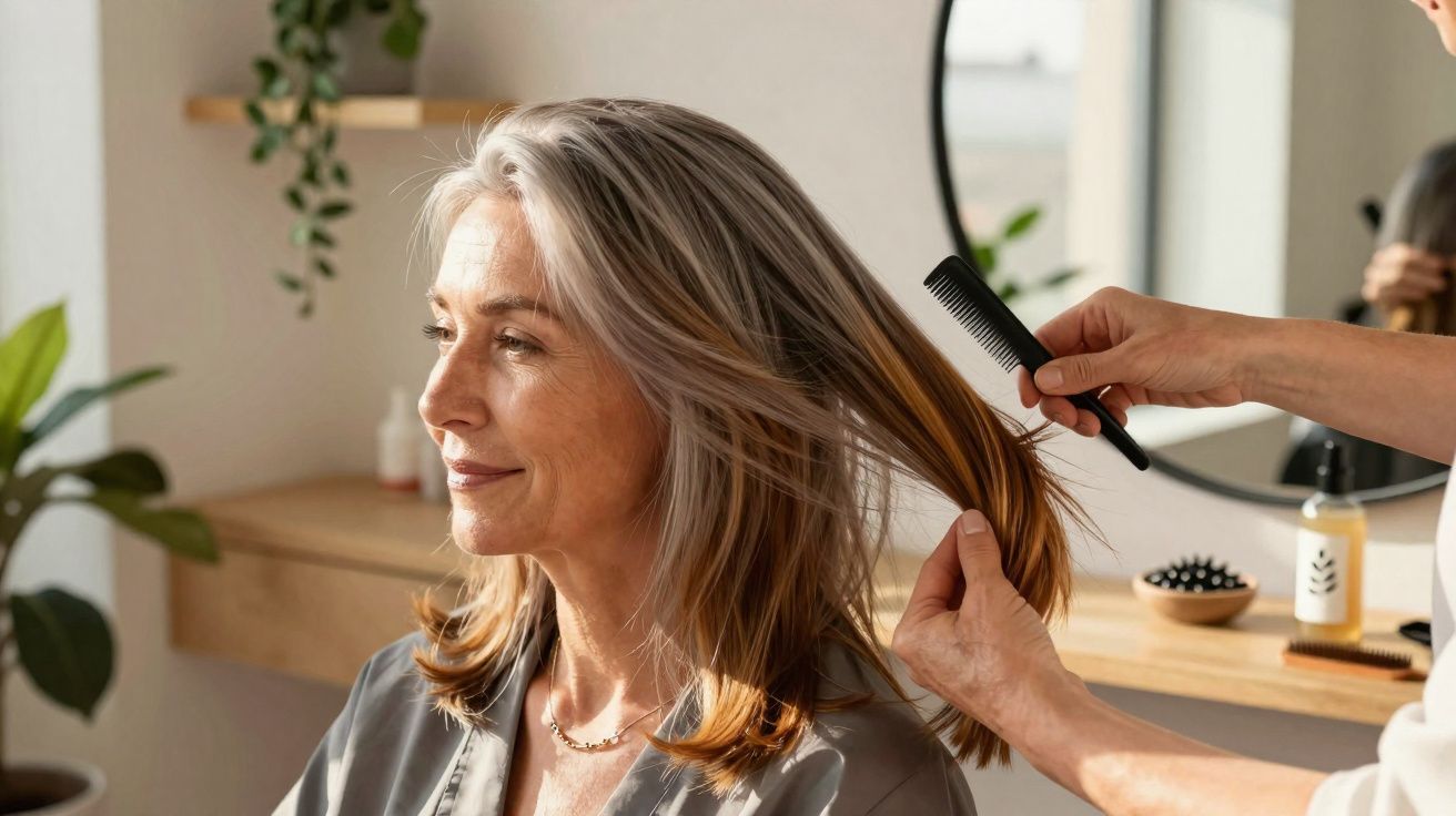 Middle-aged woman with long grey hair having her hair combed in a bright, cozy room.