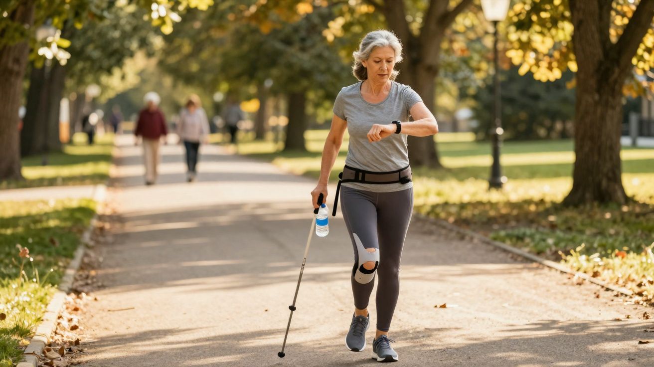 Mature woman with knee brace walking in park using cane and checking smartwatch on sunny autumn day.