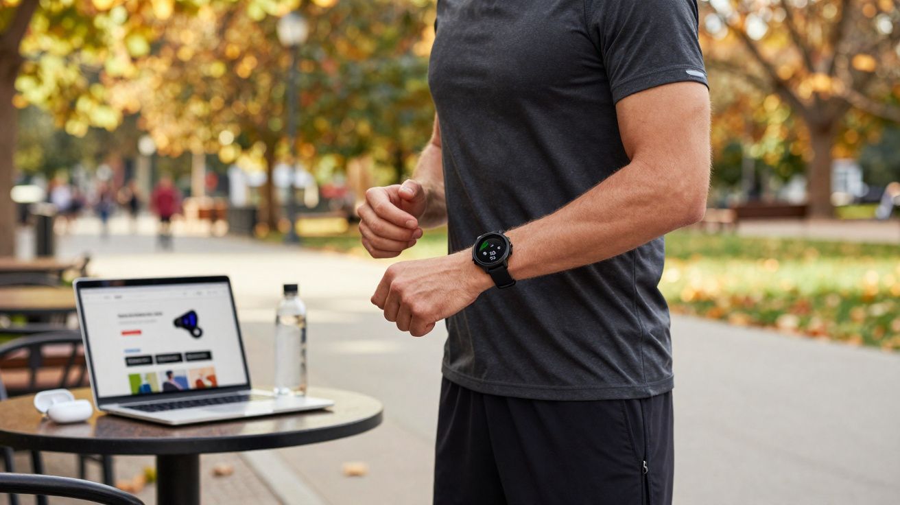 Man in sportswear adjusting smartwatch outdoors near table with laptop and water bottle in autumn park.