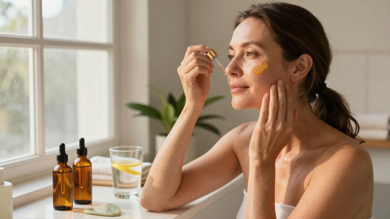 Woman applying facial serum with dropper while sitting by a window in a bright bathroom