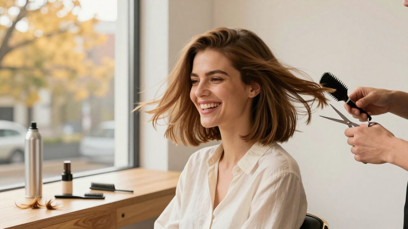 Woman with shoulder-length hair smiling while getting a haircut in a bright salon by a window.