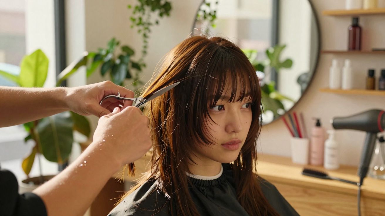 Woman getting a haircut in a bright salon with plants and a round mirror in the background.