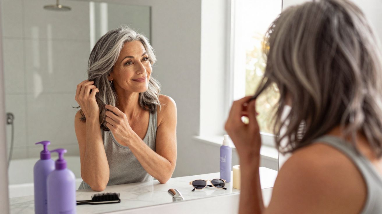 Mature woman with grey hair smiling at her reflection while adjusting her hair in a bright bathroom mirror.