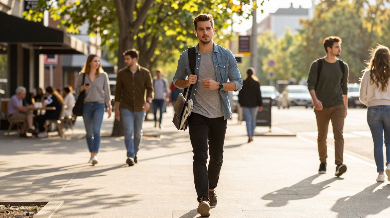 Young man walking on sunny city street carrying a bag, with people and trees in the background.