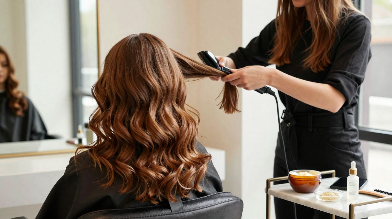Hairdresser styling long wavy brown hair with a brush and straightener in a modern salon.