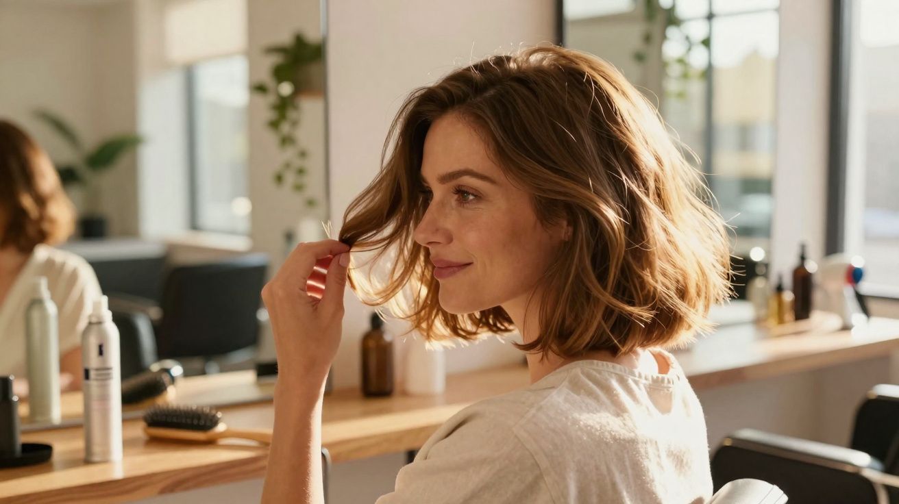 Woman with shoulder-length hair smiling while sitting in a salon chair by a mirror and wooden counter.