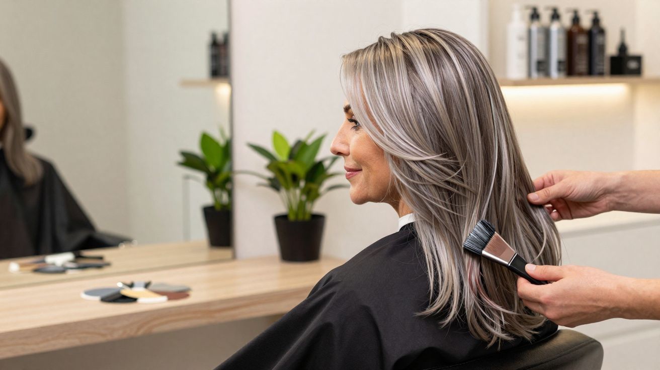 Woman with shoulder-length silver hair having a brush applied by a hairstylist in a salon setting.