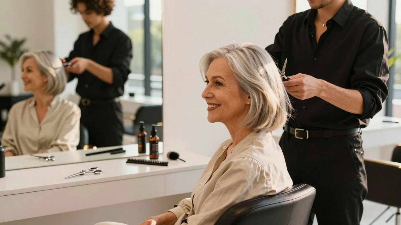 Older woman smiling while getting her grey hair trimmed by a hairstylist in a modern salon.
