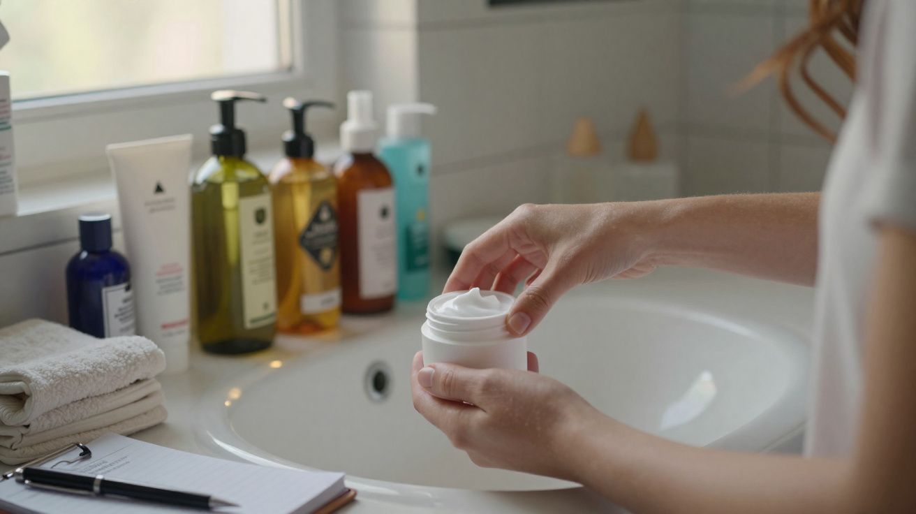 Person holding an open jar of cream over a bathroom sink with skincare products lined up nearby.