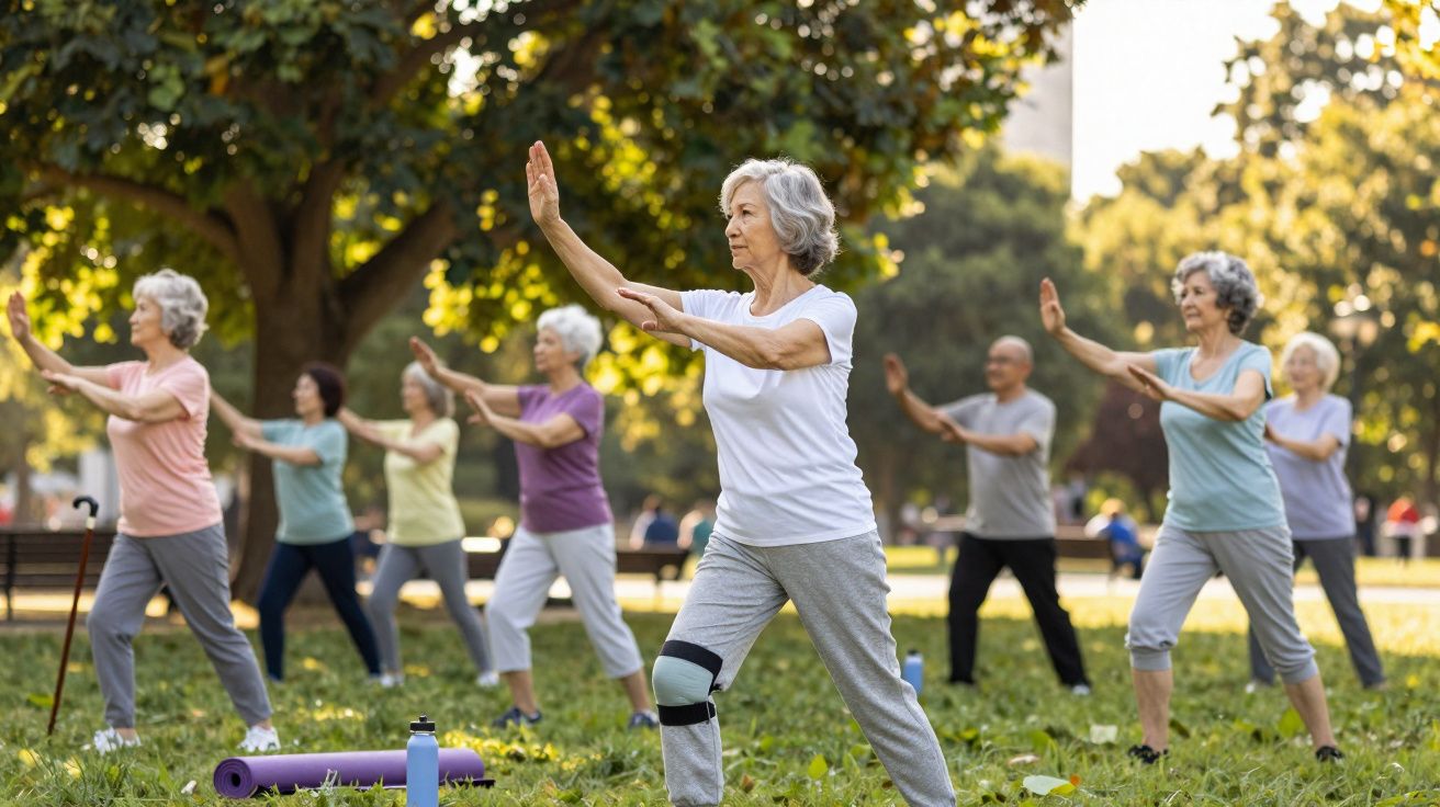 Group of elderly people practising Tai Chi in a sunny park with green trees in the background