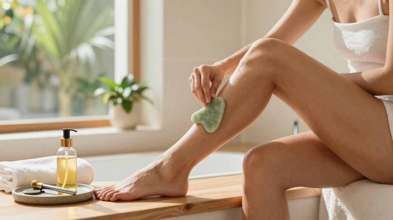 Person using a jade gua sha tool to massage their leg while sitting on a wooden bench near a window.