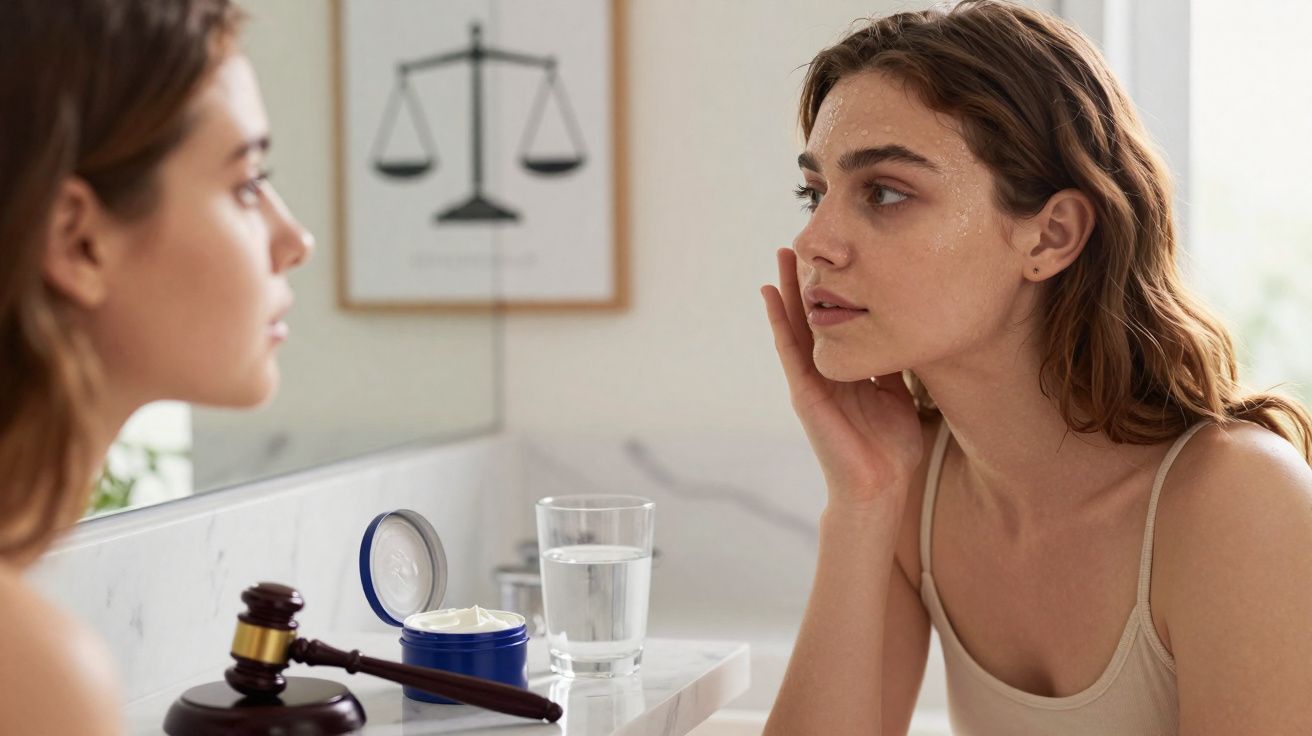 Young woman applying cream to face in bathroom with a gavel and glass of water on the counter.