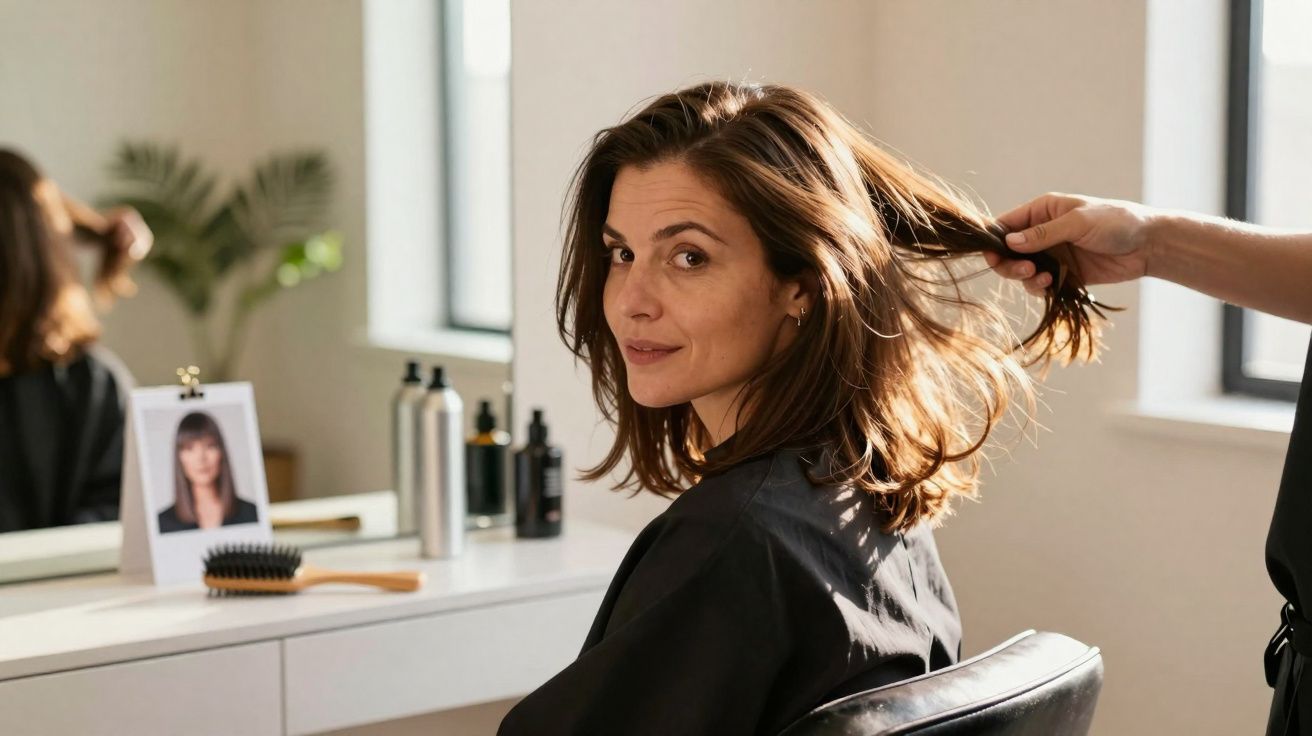 Woman with shoulder-length brown hair sitting in a salon chair, hairdresser holding her hair, salon products on the counter.