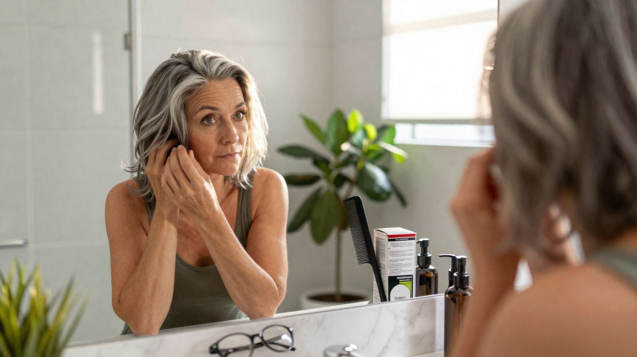 Mature woman with grey hair adjusting an earring while looking at her reflection in a bathroom mirror.