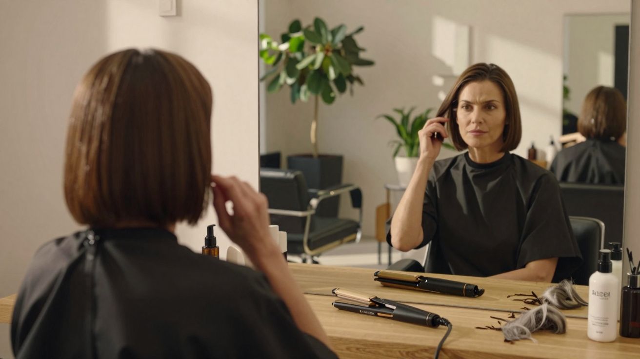 Woman with short brown hair sitting in a salon chair looking at herself in the mirror, wearing a black salon cape.