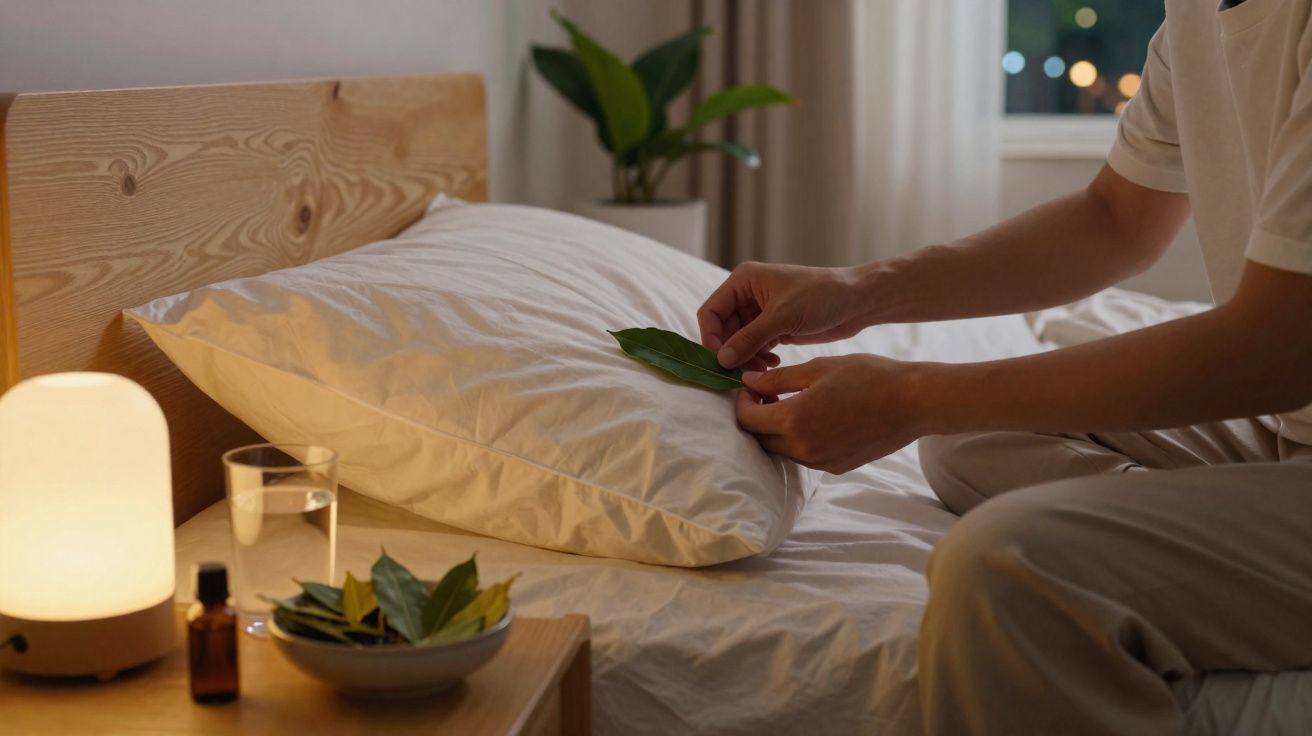 Person placing green leaves inside a pillowcase on a bed beside a wooden nightstand with a lamp and glass of water.