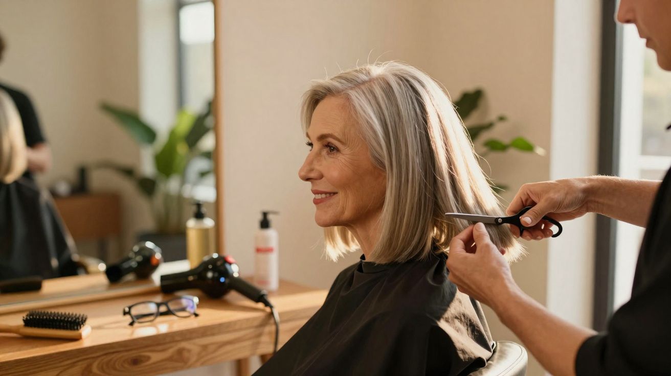 Woman with grey hair smiling as hairdresser trims her hair in a salon.