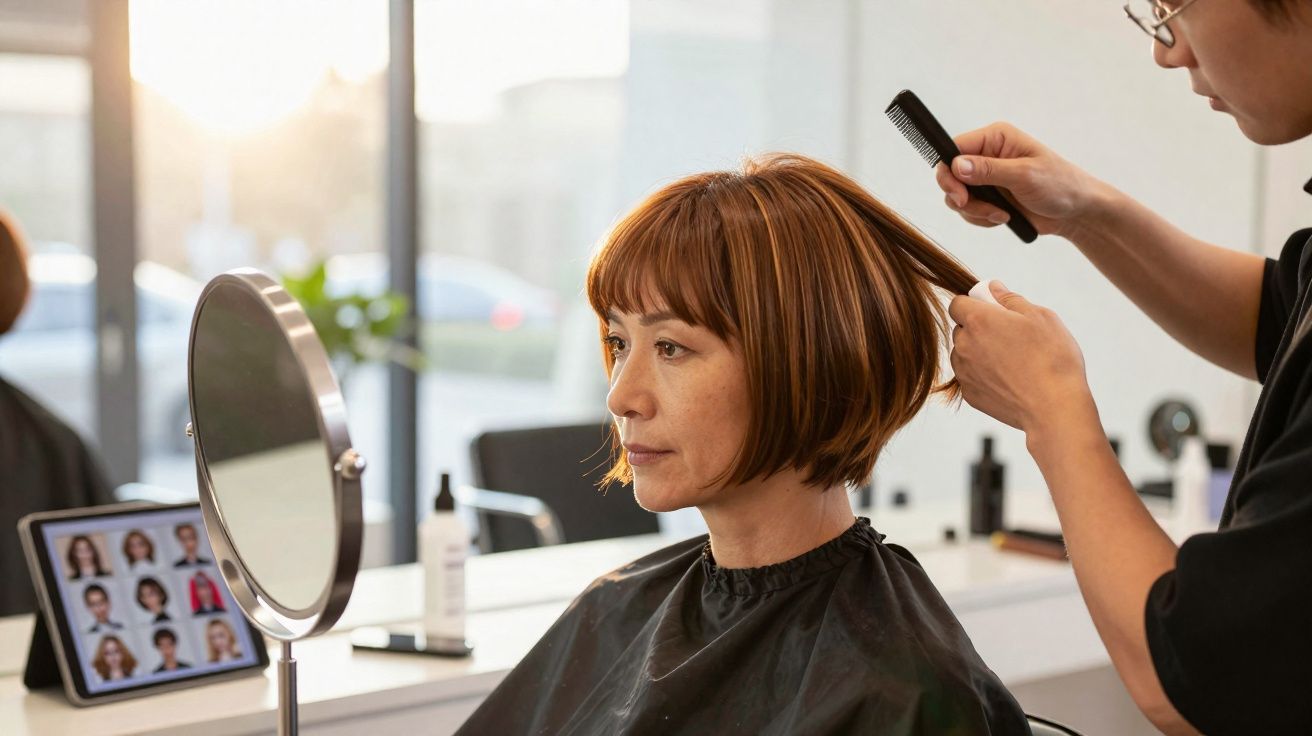 Woman with short auburn hair sitting in salon chair having her hair combed by a stylist.