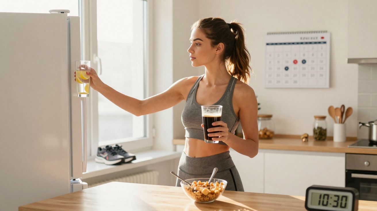 Young woman in sportswear holding drinks in a bright kitchen with cereal and clock showing 10:30.