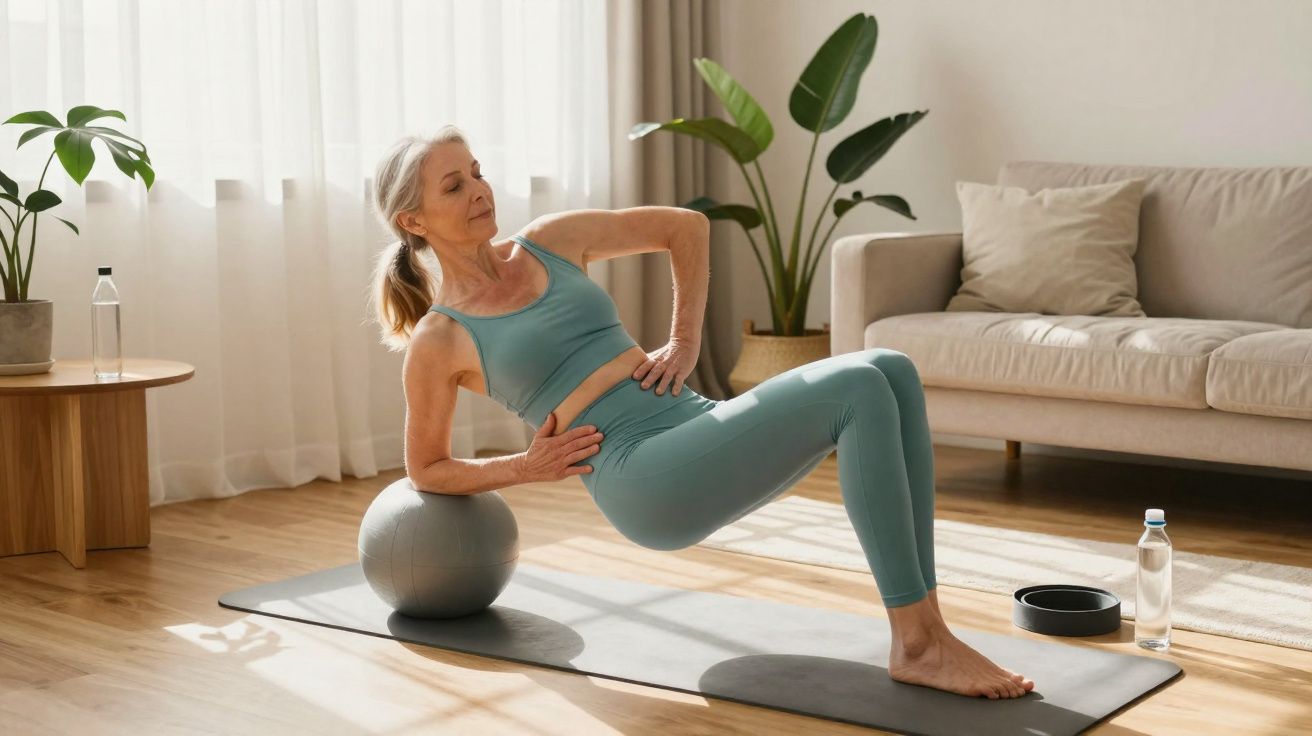 Woman in teal activewear exercising at home using a stability ball on a yoga mat in a bright living room.