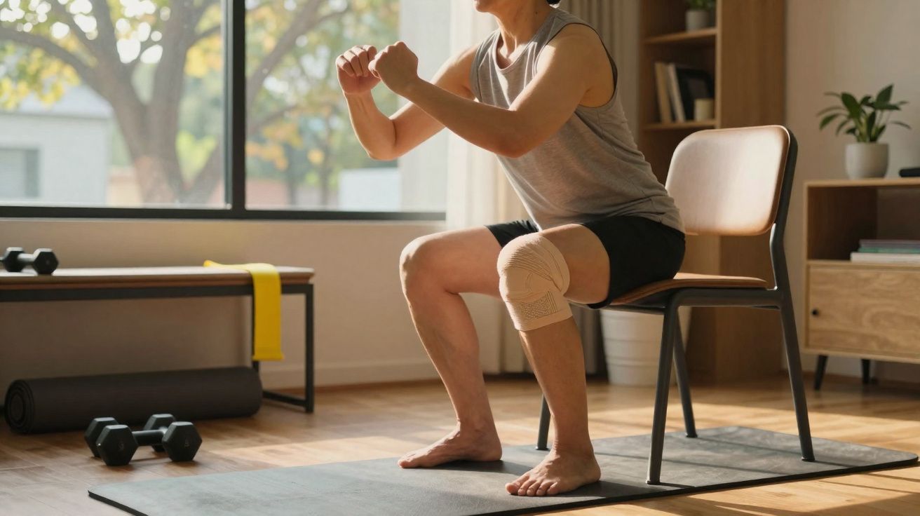 Person with knee brace doing chair-assisted squats on a yoga mat in a sunlit room.
