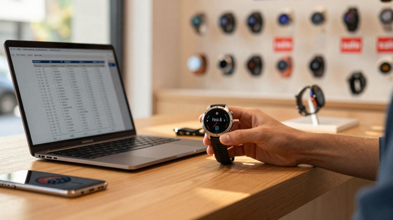 Person holding a smartwatch over a wooden desk with a laptop and smartphone, watch displays fitness app.