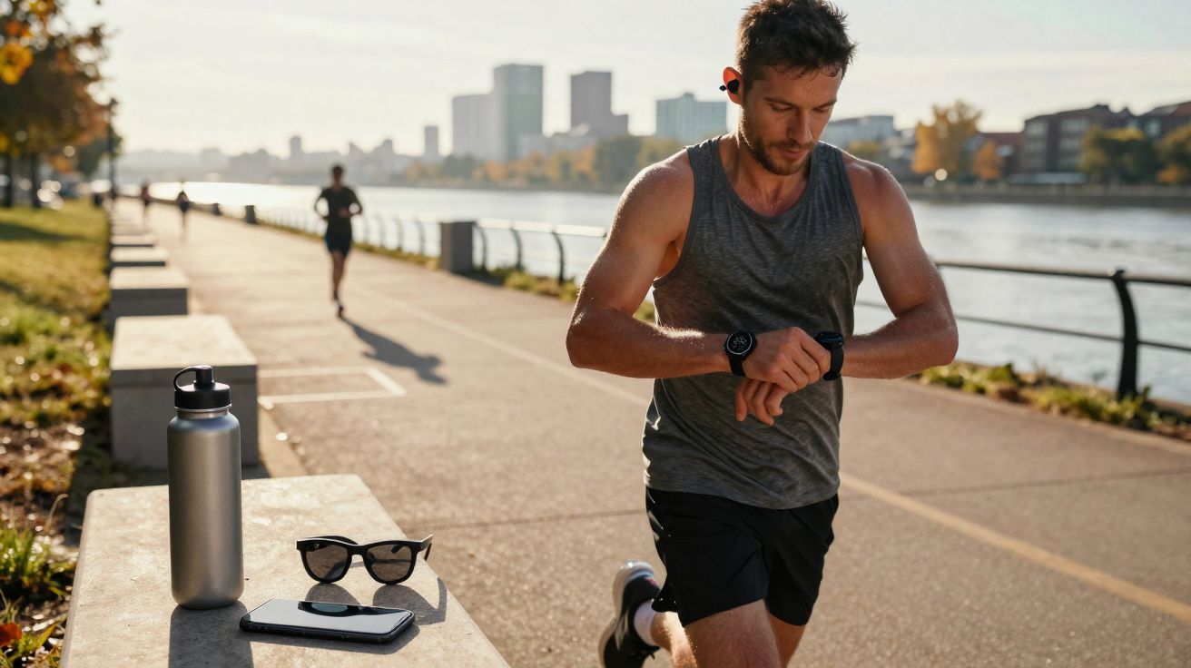 Man in sportswear checking smartwatch while running by river with sunglasses, phone, and water bottle on bench nearby.