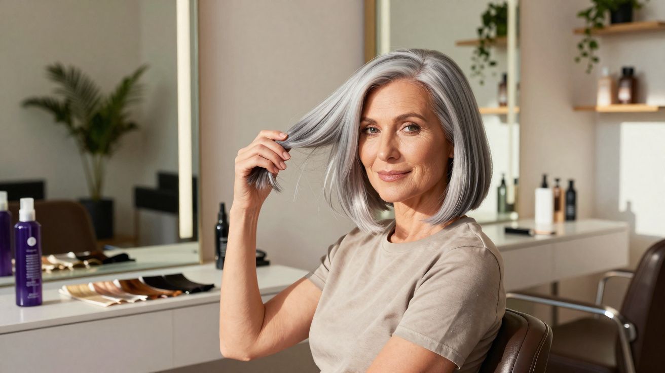 Mature woman with silver bob hairstyle seated in a modern salon, touching her hair and smiling gently.