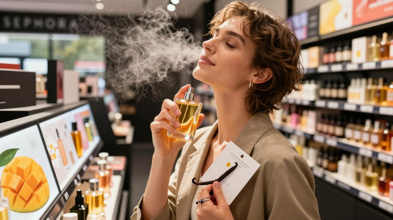 Woman sprays perfume on her neck inside a Sephora store, holding a scent strip with a vanilla bean attached.