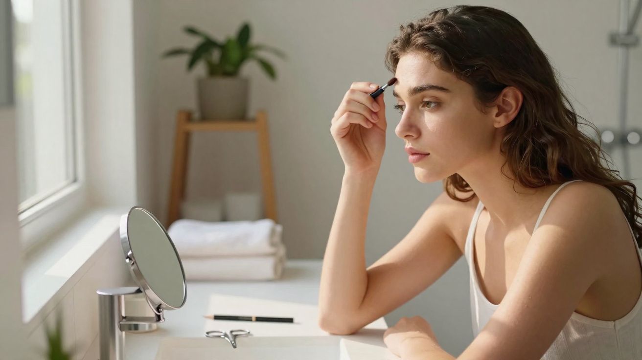 Young woman applying eyebrow pencil in front of a mirror on a bright bathroom counter.