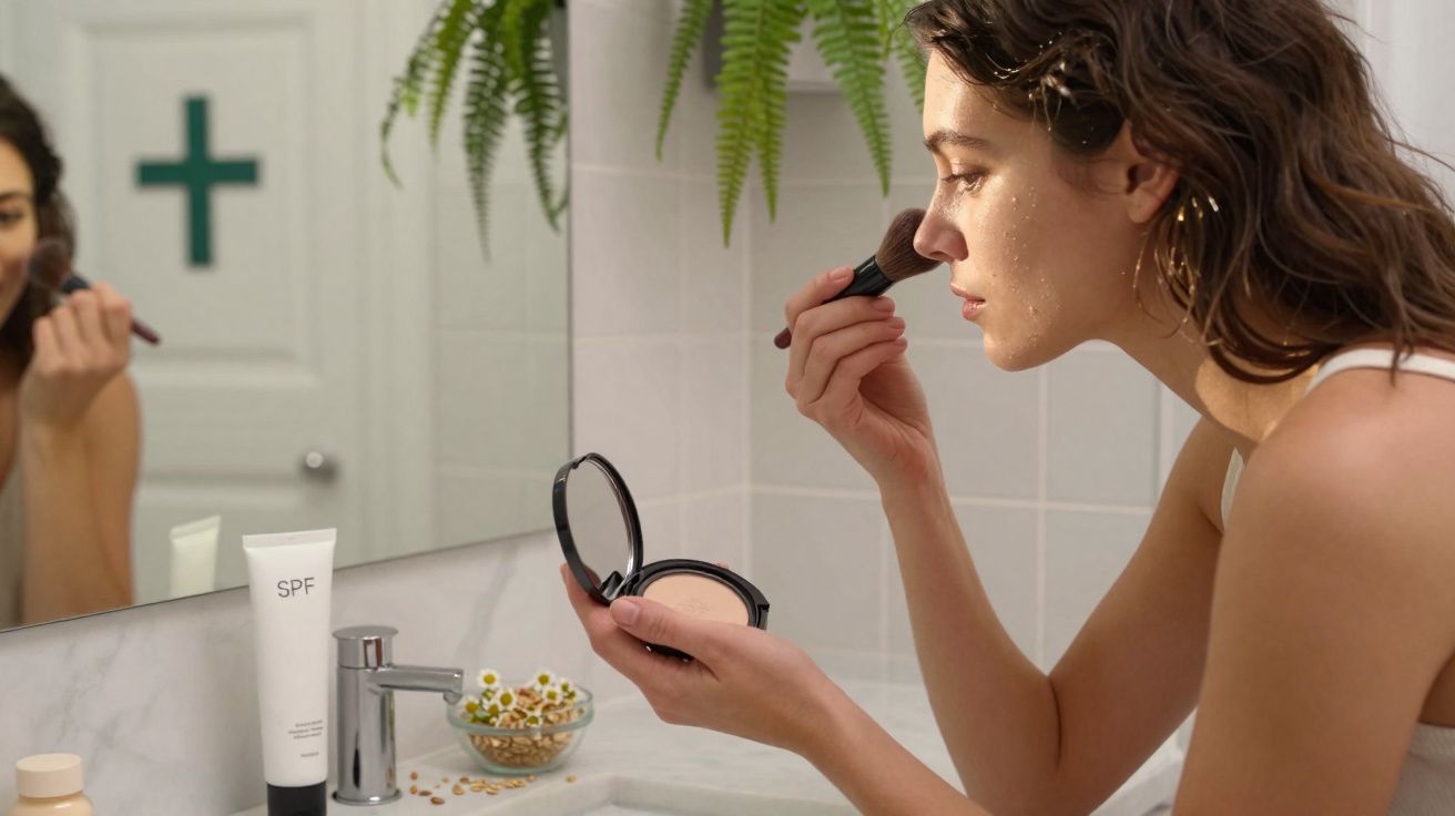 Woman applying makeup with a brush while looking into a bathroom mirror with skincare products on the sink.