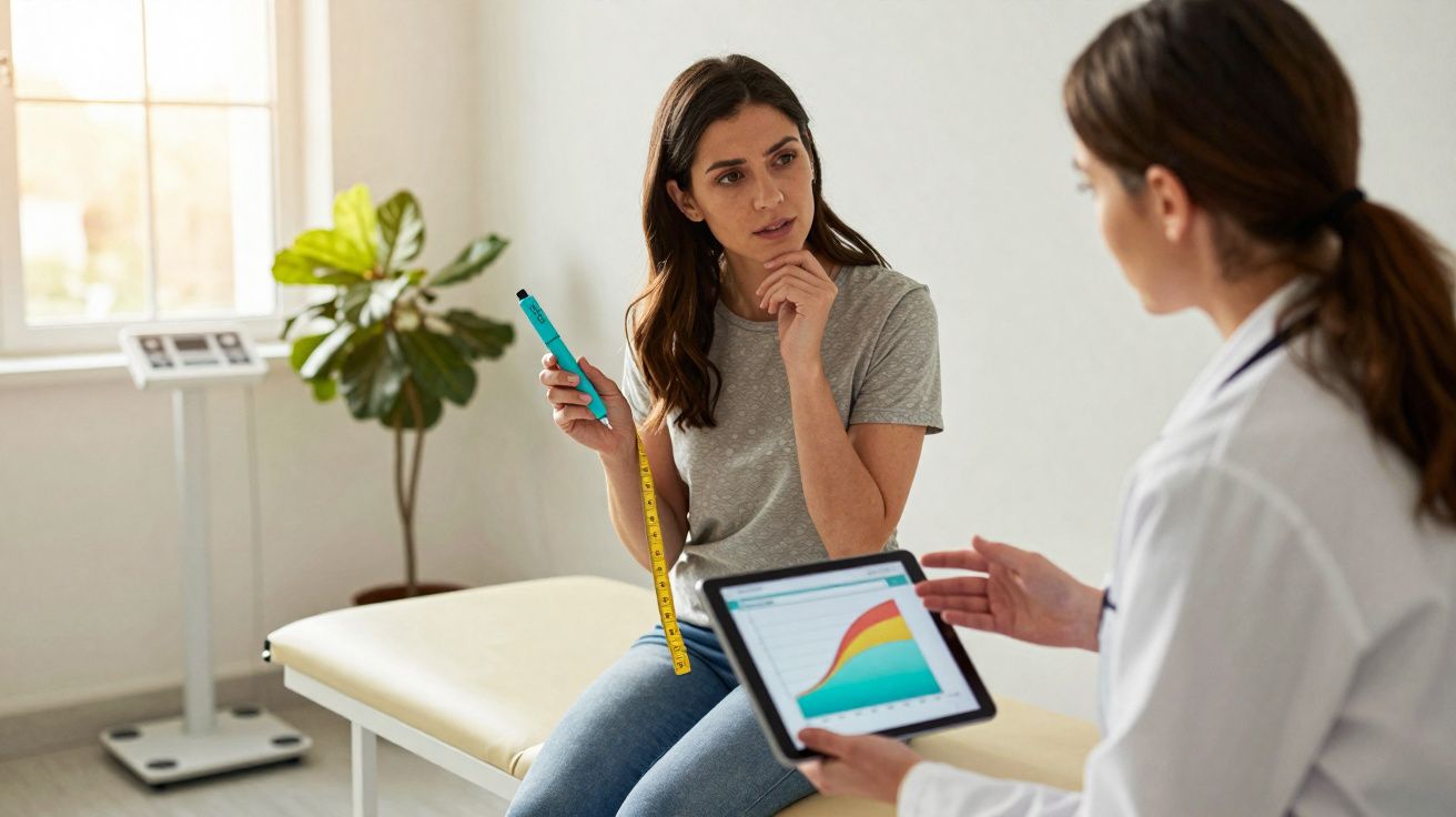 Woman holding insulin pen and measuring tape in consultation with healthcare professional showing chart on tablet in clinic.