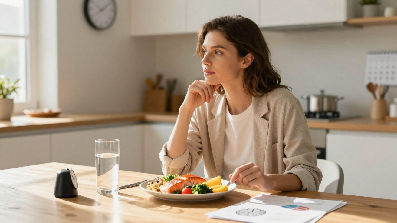 Woman sitting at a kitchen table with a healthy meal, glass of water, and papers, looking thoughtfully out the window.