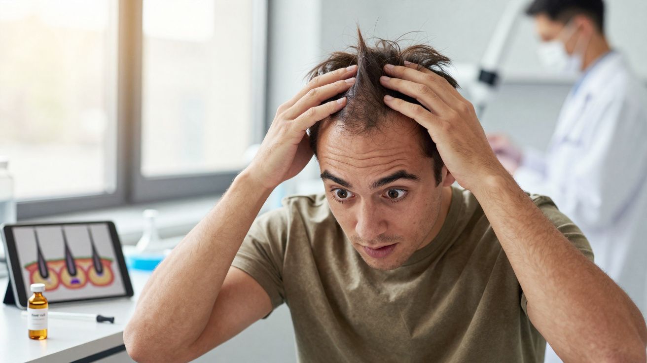Man examining hair loss at clinic, doctor and hair follicle diagram in background.