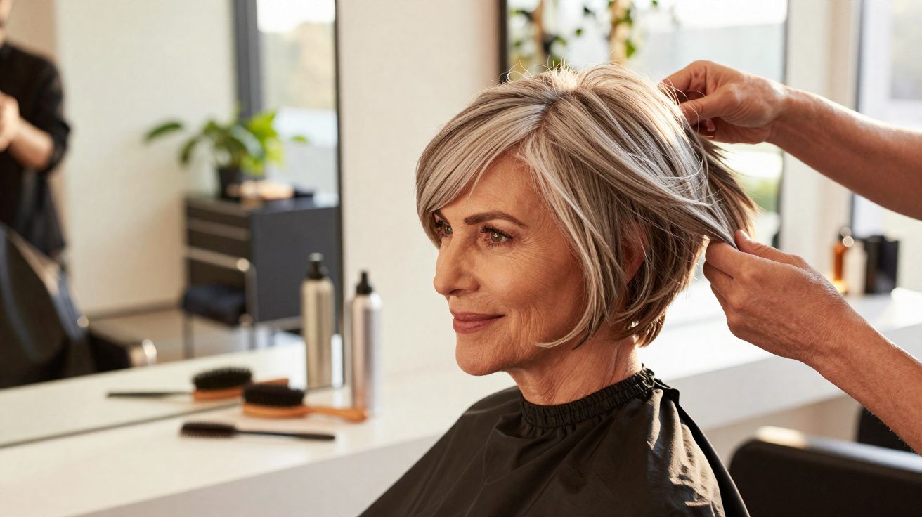 Mature woman with short silver hair having her hair styled in a modern salon setting.