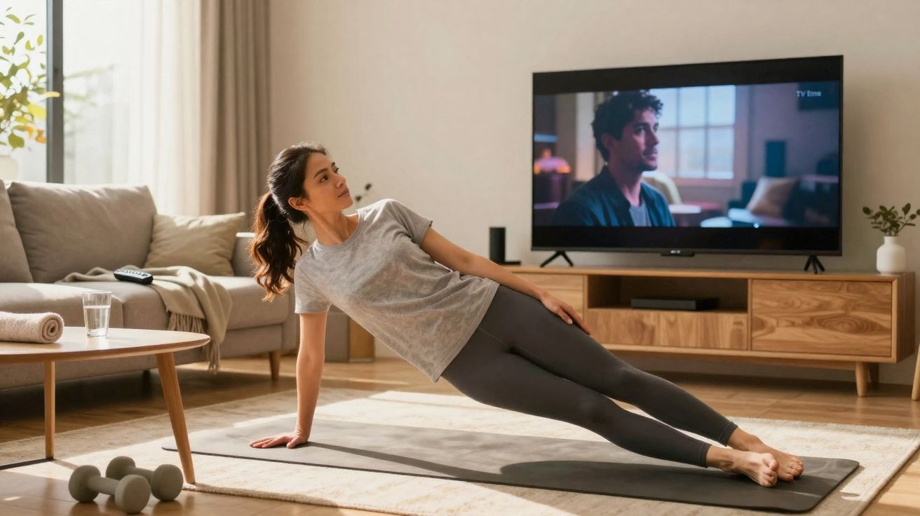 Woman in grey workout clothes doing side plank on yoga mat in living room with TV on background.