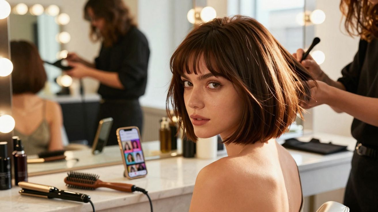 Woman with short brown hair sitting at a salon station while a stylist brushes her hair.
