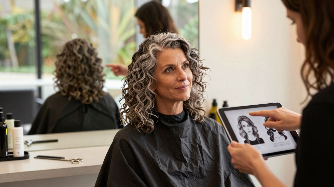 Woman with curly grey hair sitting in a salon chair while stylist shows hairstyle options on a tablet.