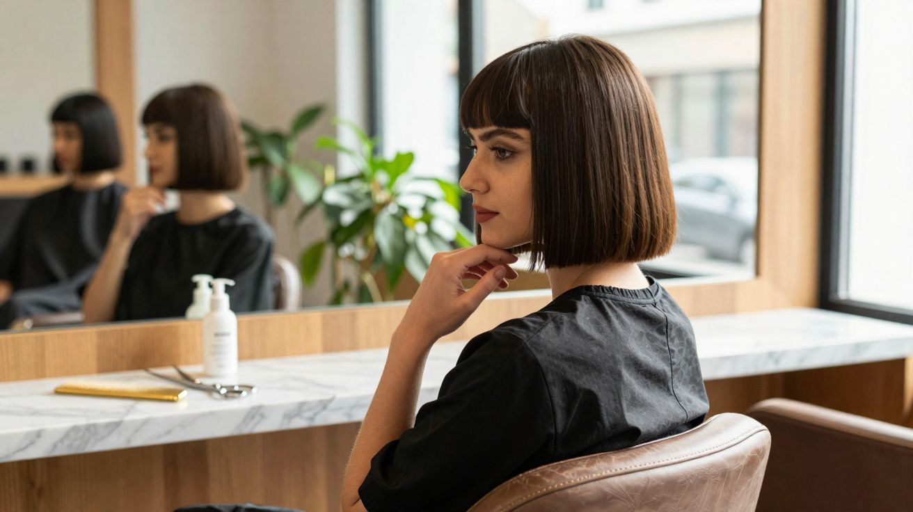 Woman with a sleek, straight bob haircut sitting in a salon chair, looking thoughtfully into the mirror.