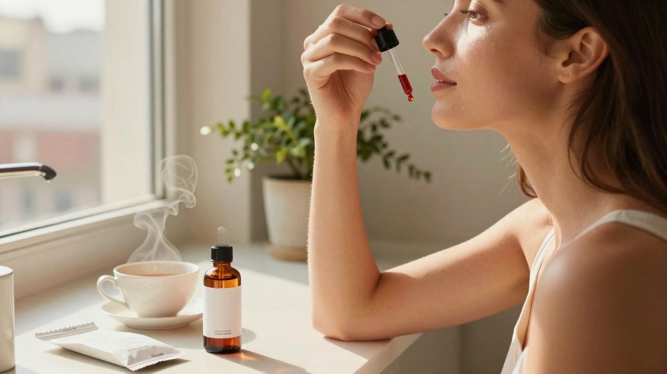 Woman holding a dropper with red liquid near her lips by a sunlit window with a steaming cup and plant.
