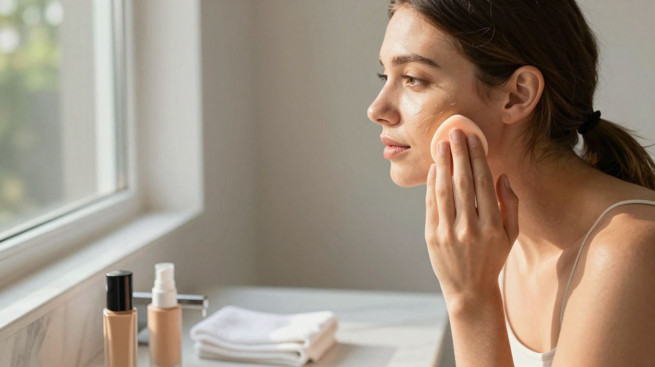 Woman applying foundation with a makeup sponge in a bright bathroom by the window.