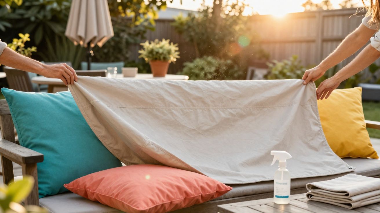 Two people placing a beige cover over colourful cushions on outdoor wooden seating at sunset.