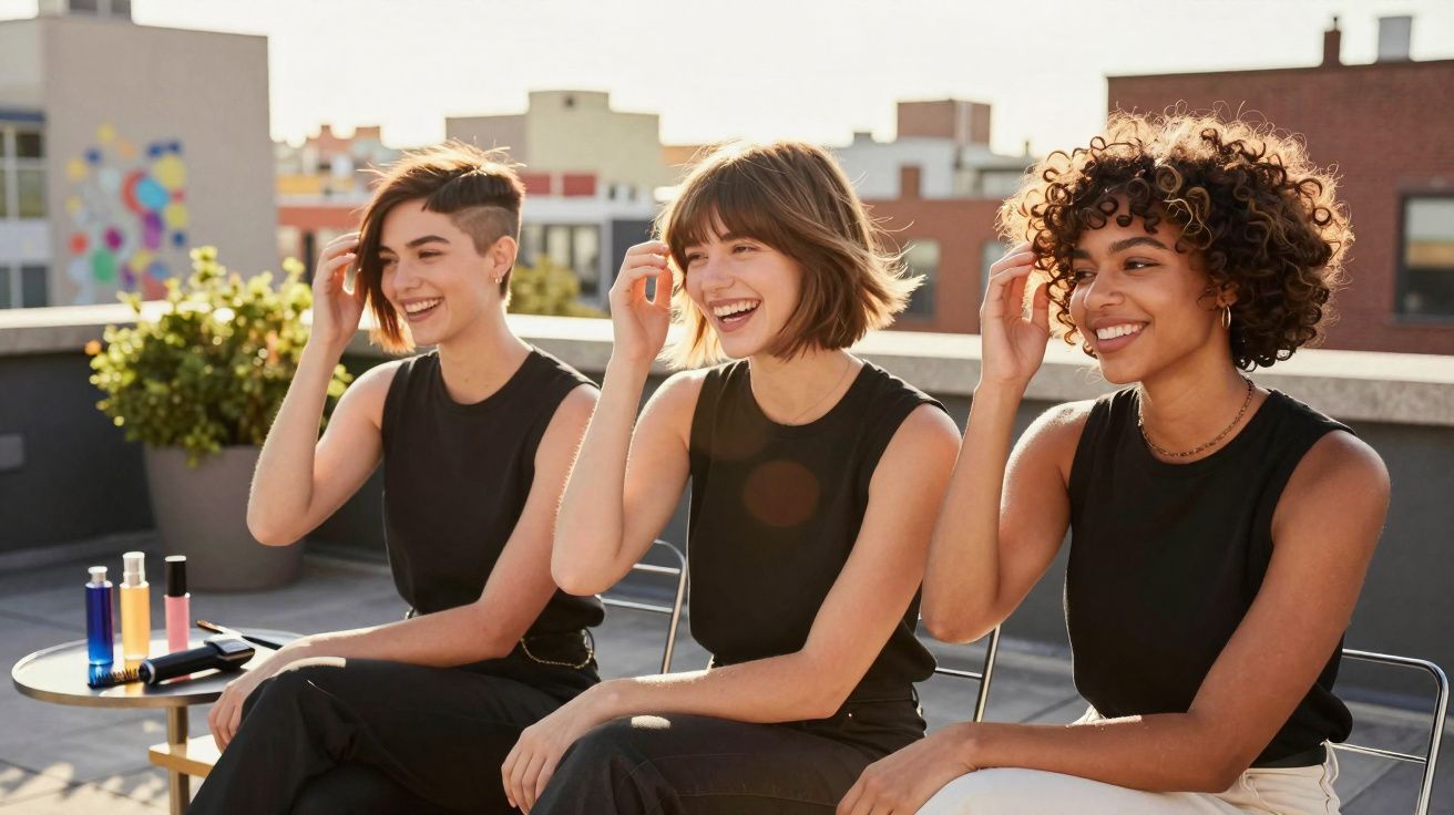 Three women sitting outdoors, smiling and touching their hair, dressed in black tops with urban background.