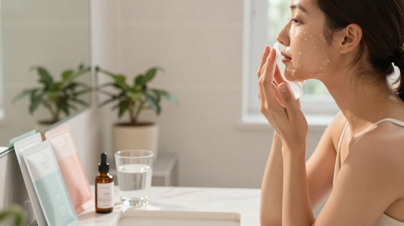 Woman applying a facial sheet mask in a bright bathroom with skincare products on the counter.