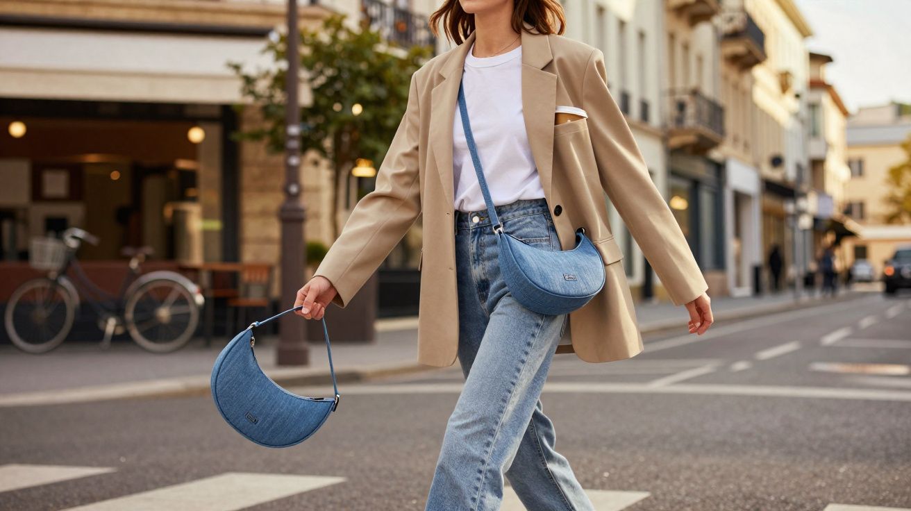 Woman crossing street wearing beige blazer, white t-shirt, jeans, with two blue handbags in city setting.