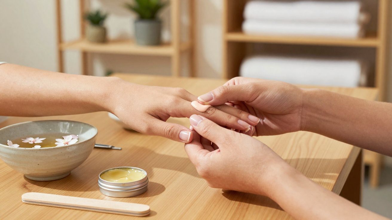 Hands receiving a gentle manicure on a wooden table with skincare balm, nail file, and flower petals in water bowl.